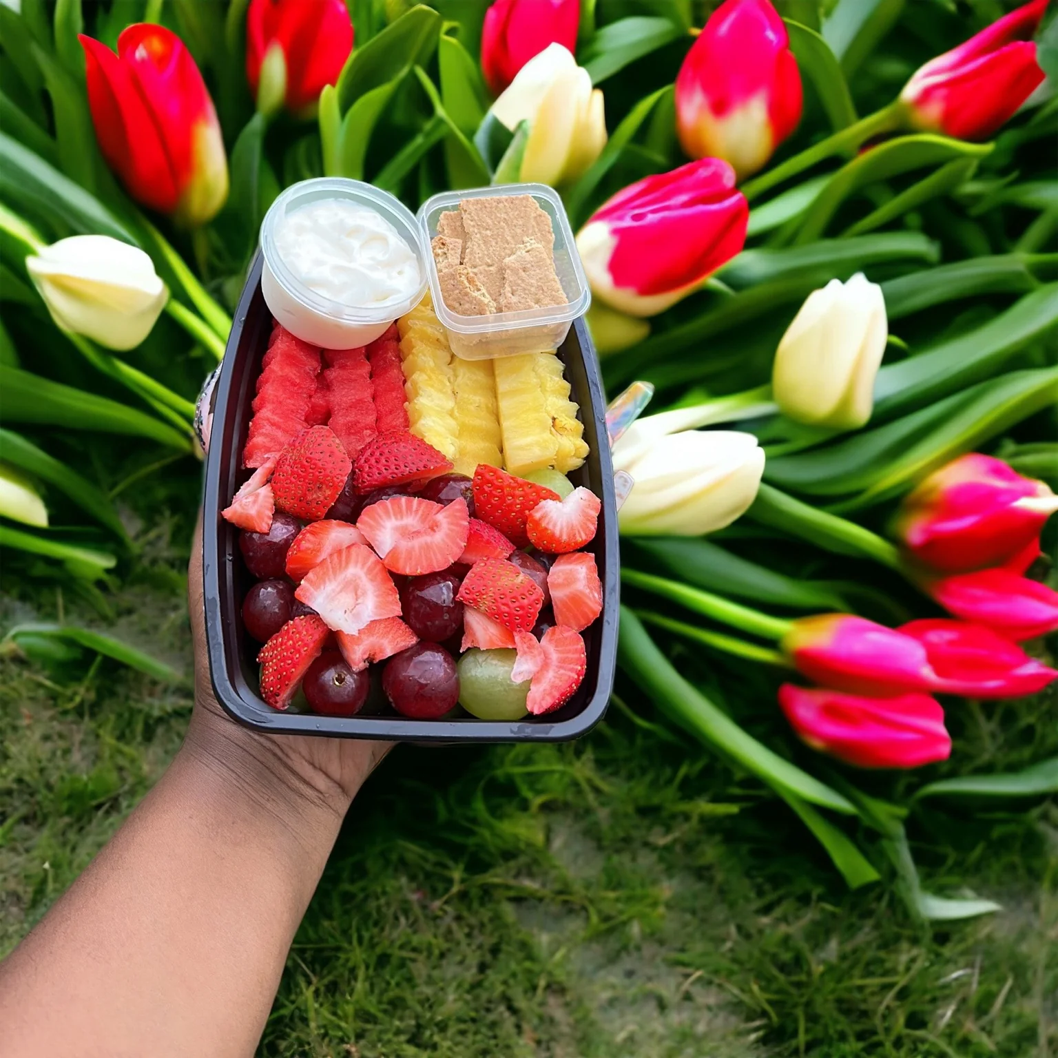 Fruit Bowl with Tulips
